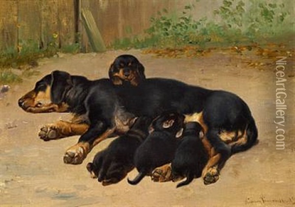 A Dachshund And Her Puppies Oil Painting - Simon Simonsen