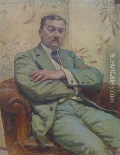 Portrait D'homme Assis Dans Un Fauteuil Club En Cuir Oil Painting - Henri Girault De Nolhac