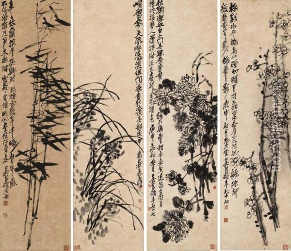 Plum, Orchid, Chrysanthemum And Bamboo Oil Painting - Wu Changshuo