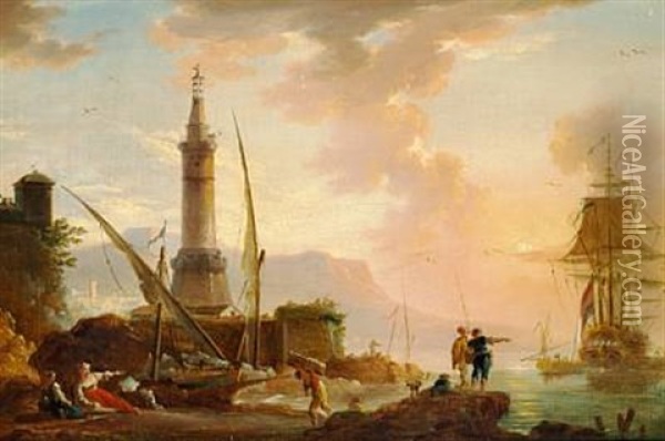 A View Of A Mediterranean Port With Figures Oil Painting - Charles Francois Lacroix