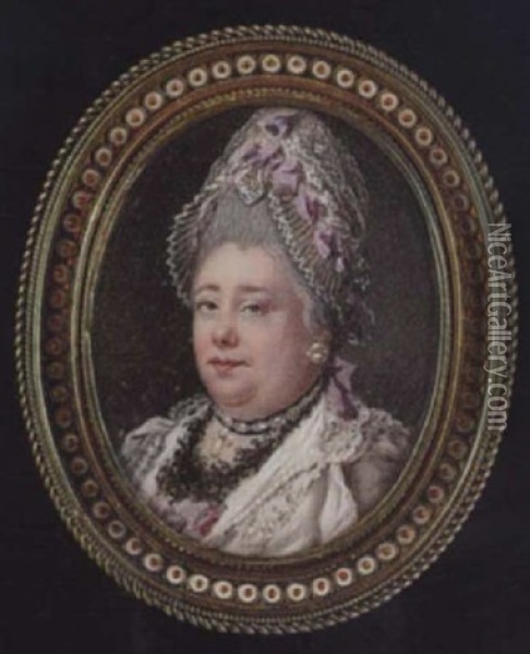 A Middle-aged Lady Wearing White Lace Bonnet With Ribbon, White Dress With Mauve Bodice, White Lace Collar And Trim... Oil Painting - Samuel Cotes