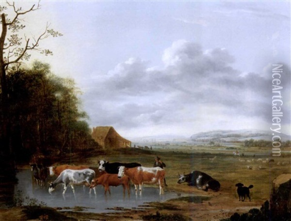 An Extensive Landscape With A Herdsman And Cattle Watering In The Foreground Oil Painting - Anthonie Van Borssom
