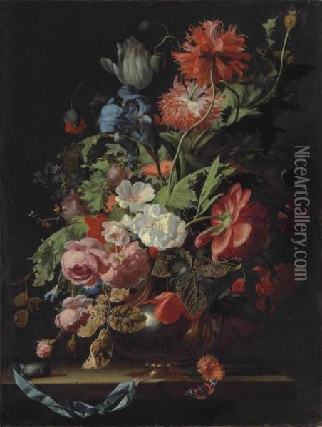 Roses, Tulips, Carnations, 
Poppies, Daisies, Morning Glories, An Iris And Other Flowers In A Silver
 Vase On A Stone Ledge Oil Painting - Simon Pietersz. Verelst
