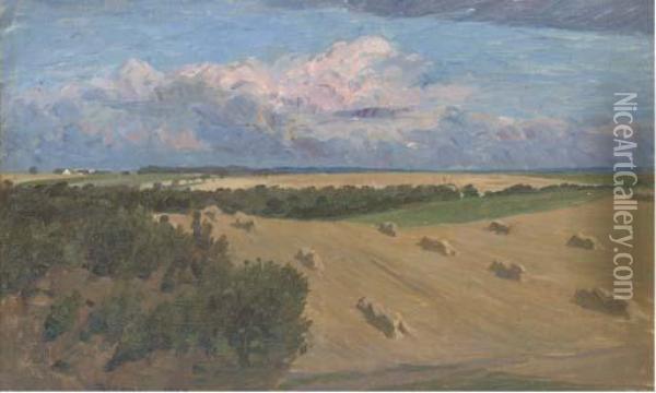 Hay Stooks In A Summer Landscape Oil Painting - Fritz Kraul