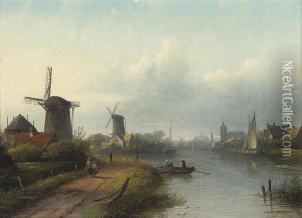A River Crossing By A Mill Oil Painting - Jan Jacob Coenraad Spohler