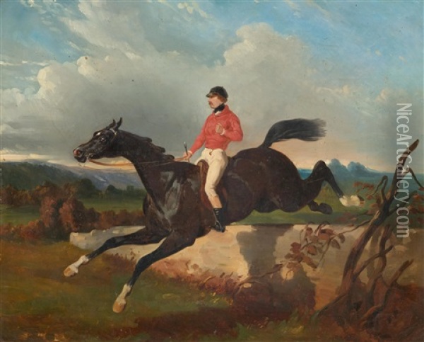 An Equestrian On Horseback Jumping An Obstacle In A Landscape Oil Painting - Alfred De Dreux