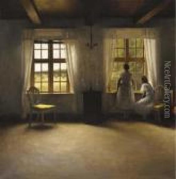 Young Girls Standing By A Window In An Interior Oil Painting - Peder Vilhelm Ilsted