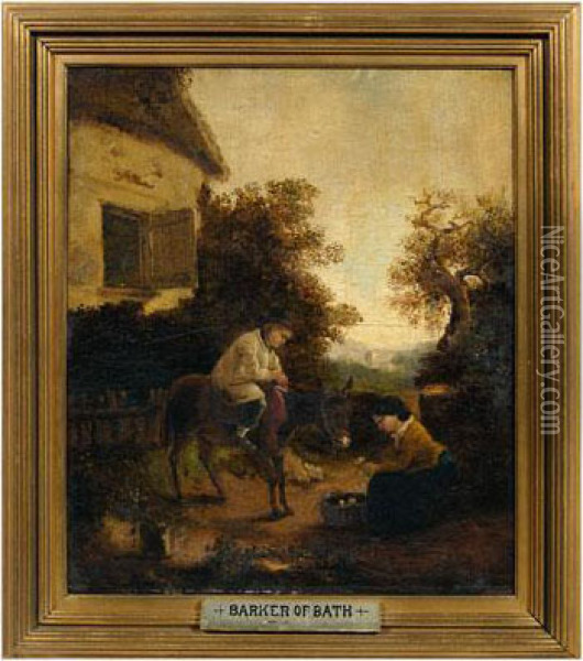 Two Children And A Donkey Outside A Cottage Oil Painting - Thomas Barker of Bath