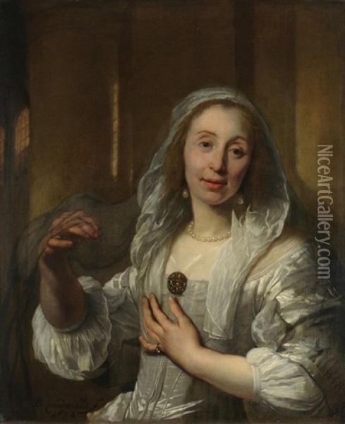 Portrait Einer Dame In Hellgrauem Kleid Mit Schleier Oil Painting - Bartholomeus Van Der Helst