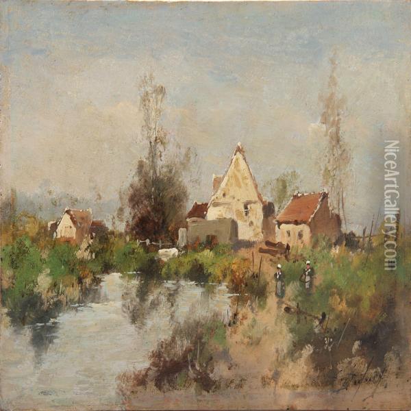 View Of A Village Withwhite Houses At A Stream Oil Painting - Louis Dupuy