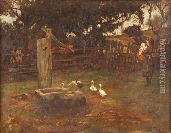 Children And Geese At A Pump Oil Painting - James Hamilton