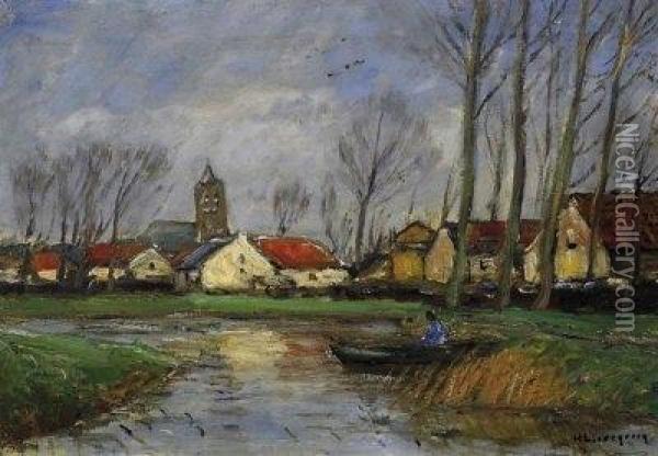 The Lower Rhine. Oxbow Lake In 
Front Of A Church With Village. Signed Bottom Right: H. Liesegang Oil Painting - Helmut Liesegang