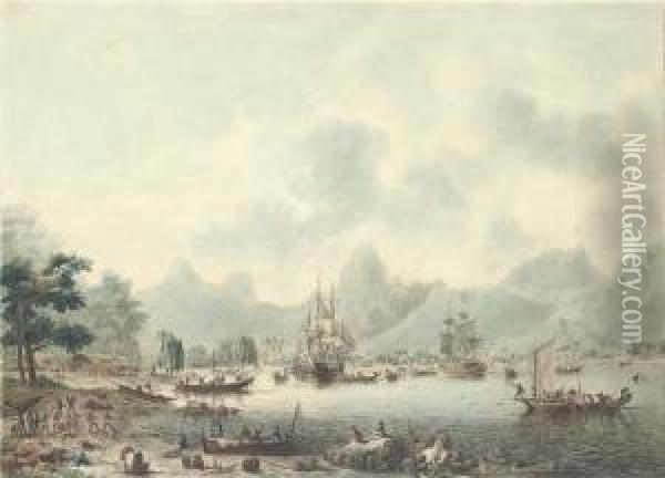 Views In The South Seas: A View 
Of Huaheine; A View In Moorea; A View In Matavai Bay; And A View Of 
Owijhee, By F. Jukes Oil Painting - John the Younger Cleveley