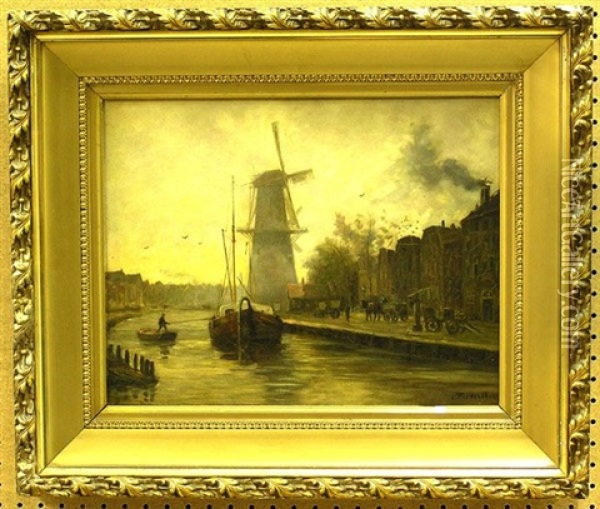 Canal By A Windmill With Boats Oil Painting - Carl Frederiksen