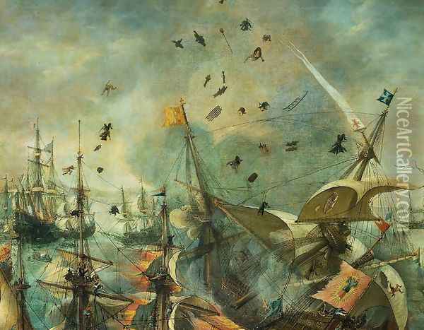 Explosion of the Spanish Flagship in the Battle of Gibraltar, 1607 [detail #1] Oil Painting - Cornelis Claesz van Wieringen