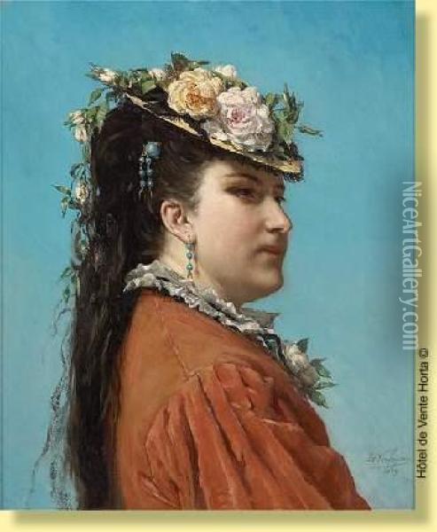 Portrait De Jeune Femme Au Chapeau Fleuri Oil Painting - Isidore Verheyden