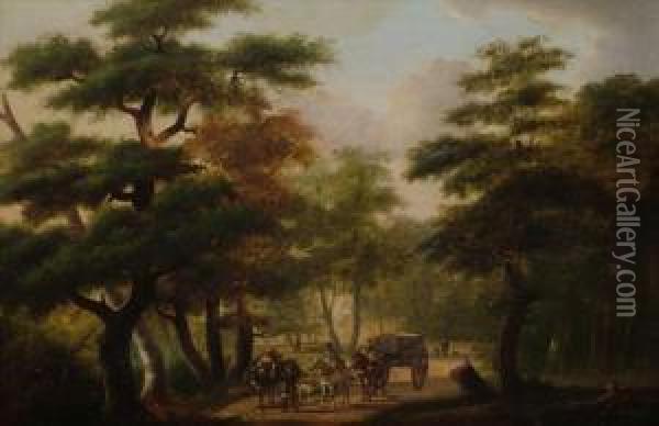 Figuresand Horse And Cart On A Woodland Road Oil Painting - Philippe Budelot