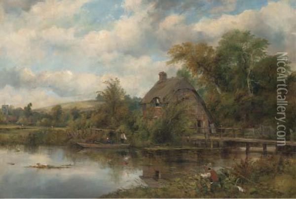 Figures In A Boat By A Suffolk Cottage Oil Painting - Frederick Waters Watts