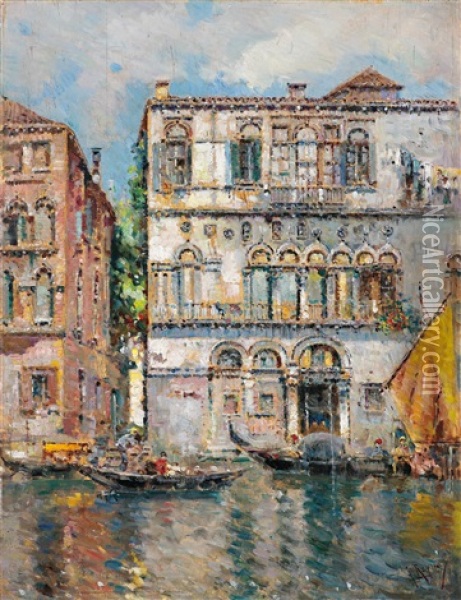 Gondeln In Einem Venezianischen Kanal Oil Painting - Antonio Maria de Reyna Manescau