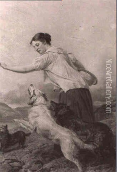 A Pretty Young Girl With Her Dogs In A Highland Landscape Oil Painting - Richard Ansdell