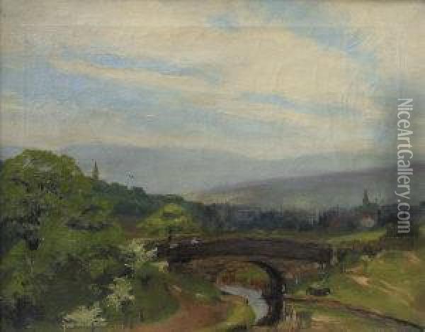 Figures Crossing A Stone Bridge In A Wooded Landscape With A Village And Hills Beyond Oil Painting - Sir Alfred East