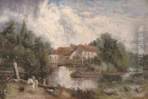 Flatford Mill with a figure on a white horse in the foreground Oil Painting - John Constable