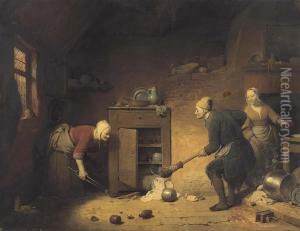 Mouse Hunting The Kitchen. Oil Painting - Ferdinand de Braekeleer