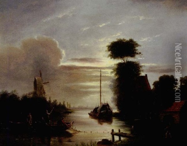 Fisherman Under The Moonlight With A Windmill In The Distance Oil Painting - Nicolaas Johannes Roosenboom