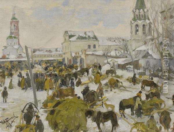 Murom City Square And Horse And Cart: Two Works Oil Painting - Ivan Semionovich Kulikov