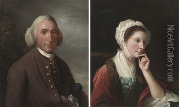 Portrait Of A Gentleman, In A Brown Coat (+ Portrait Of A Lady In A Blue Dress; Pair) Oil Painting - John Downman