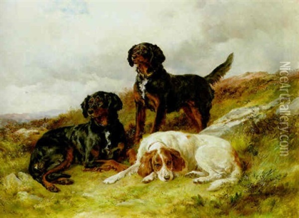 Three Setters In A Landscape Oil Painting - James Hardy Jr.