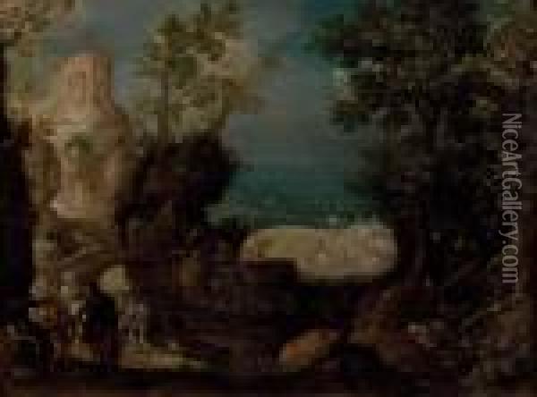 Landschaft Mit Antikem 
Rundtempel In Der Art Des Sibyllentempels Von Tibur Mit Personenstaffage Oil Painting - Paul Bril