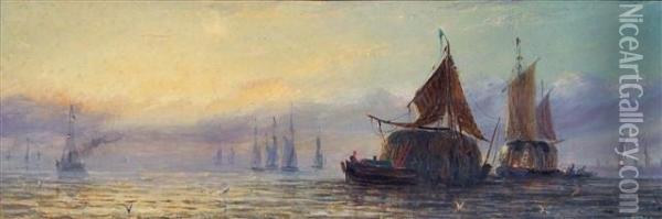Hay Barges At Dusk Oil Painting - William Adolphu Knell