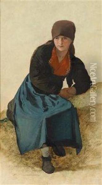 Peasantgirl Sitting Oil Painting - Franz Reinhold