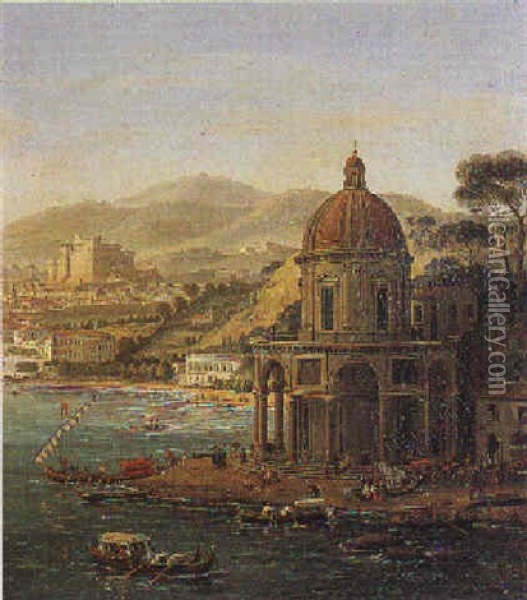Capriccio Con Un Edificio A Pianta Centrale Con Cupola Oil Painting - Giuseppe Bernardino Bison