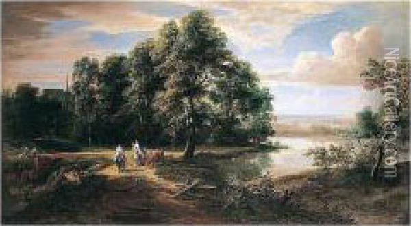 An Extensive River Landscape With Travellers And A Priest Near A Chateau Oil Painting - Lucas Achtschellinck