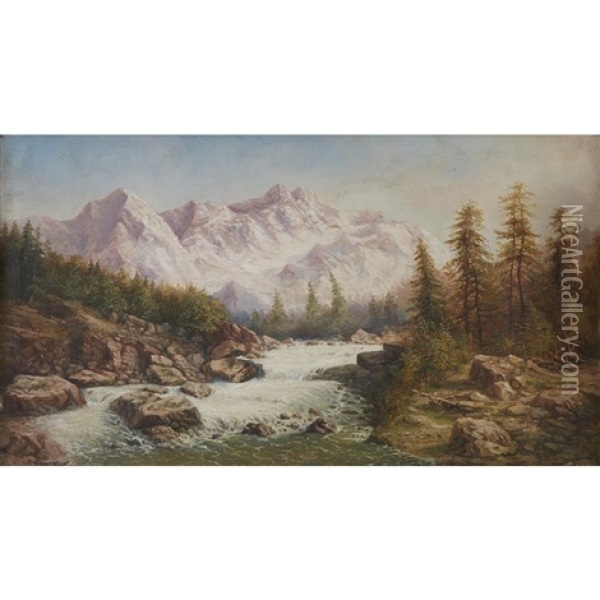 Mountain Landscape With Rushing River Oil Painting - Il'ia Nikolaevich Zankovskii