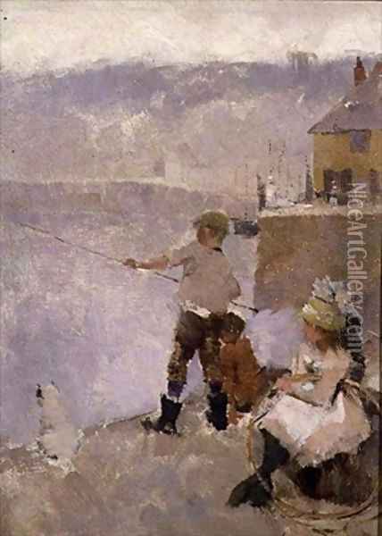 Fishing on the Quay Oil Painting - Frank Bramley