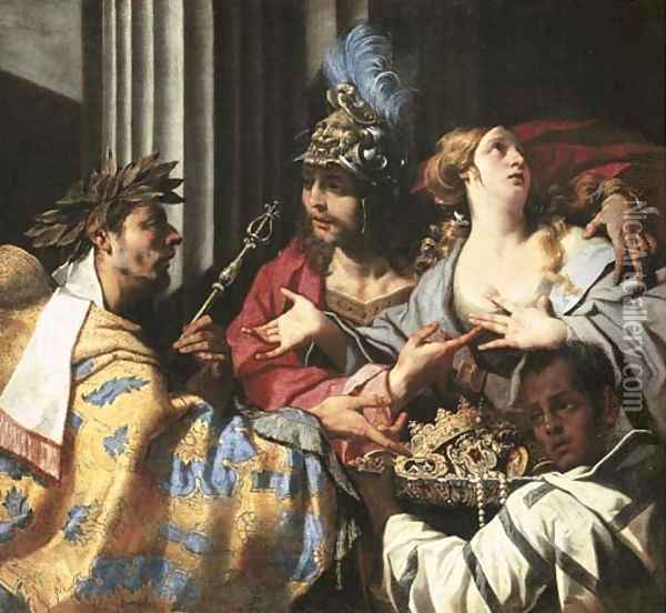 Agamemnon refusing to allow Chryses to ransom his daughter Chryseis Oil Painting - Luca Da Reggio (Ferrari)