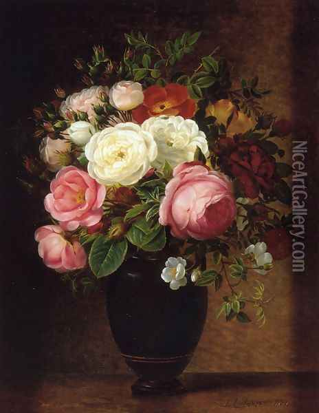 Pink and White Roses in a Black Glaze Amphora on a Brown Marble Ledge Oil Painting - Johan Laurentz Jensen