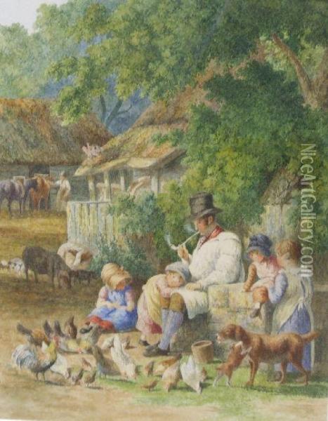 In The Manner Of - A Farmyard Scene With Afarmer And His Children Oil Painting - Robert Hills