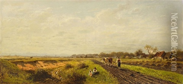 Beim Pflugen Der Felder Oil Painting - Adolf Heinrich Lier