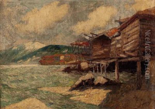 Hauser Und Blockhutten Am See Oil Painting - Elioth Gruner