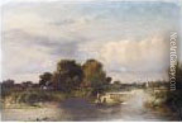 Hay Barge On The Norfolk Broads Oil Painting - George Augustus Williams