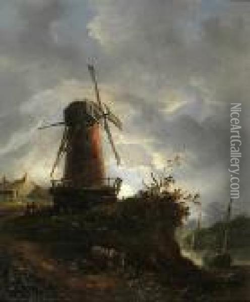 A Moonlit Landscape Scene With Figures And Donkeys By A Windmill With River Beyond Oil Painting - John Moore Of Ipswich