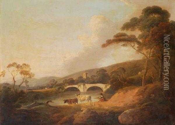 A Drover With Cattle And Sheep In A Riverlandscape Oil Painting - Julius Caesar Ibbetson