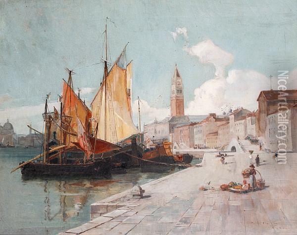 A Venetian Harbour Oil Painting - Walter Francis Brown