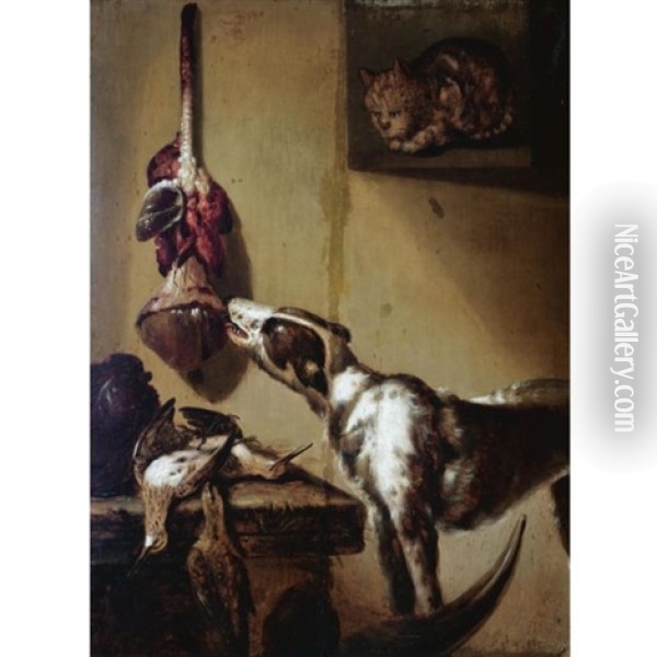 A Kitchen Interior With A Dog Tasting Meat Hanging From The Wall, Dead Partridges On A Table, A Cat In The Window Oil Painting - Petrus Schotanus