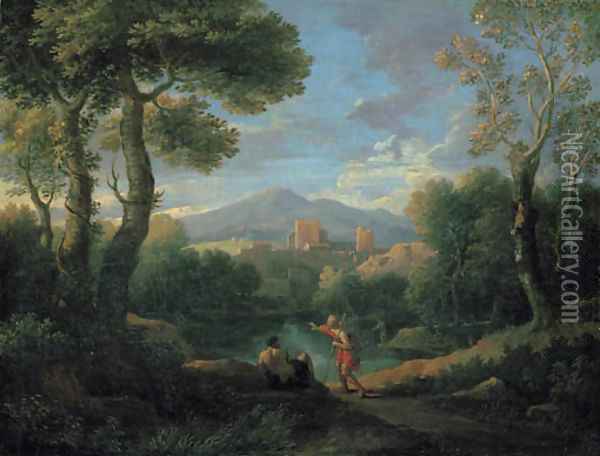 A classical landscape with two shepherds by a lake, a village beyond Oil Painting - Jan Frans Van Bloemen (Orizzonte)