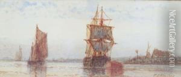 Ships In An Estuary Oil Painting - Frederick James Aldridge